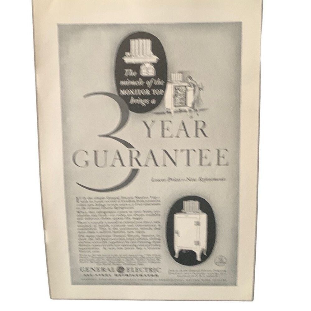 Vintage 1921 General Electric Refrigerator 30 Yr Guarantee Ad Advertisement